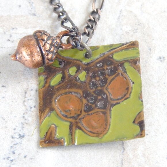 FALL NECKLACE - ACORN - Enameled - Handmade "USA" - Picture 2 of 3